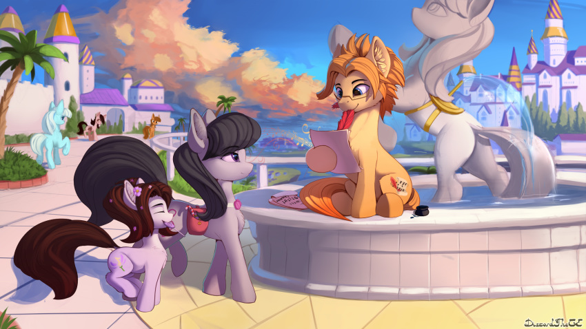 16:9 2019 black_hair blue_eyes candy collar cutie_mark day detailed_background digital_media_(artwork) discordthege equid equine eyewear female feral flower flower_in_hair food fountain friendship_is_magic glasses group hair hi_res hooves lollipop male mammal my_little_pony object_in_mouth octavia_(mlp) outside plant sky smile