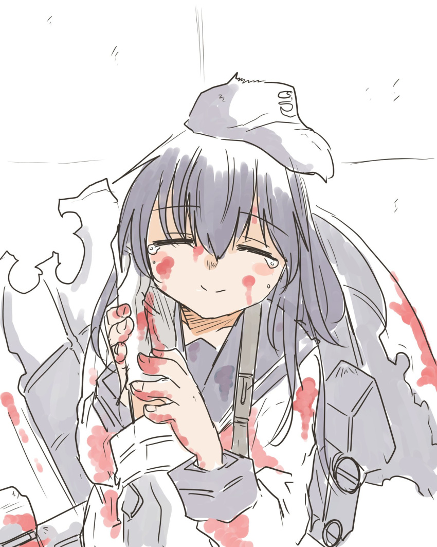 1girl akatsuki_(kantai_collection) anchor_symbol bangs blood blood_on_face bloody_clothes closed_mouth commentary_request crying eyebrows_visible_through_hair eyes_closed flat_cap gloves hair_between_eyes hat highres kantai_collection long_hair long_sleeves machinery poyo_(hellmayuge) purple_hair rigging school_uniform serafuku shield simple_background smile strap tears upper_body white_background white_gloves