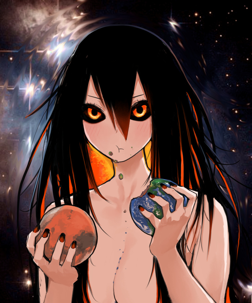 1girl :t bangs black_hair black_hole black_sclera blush breasts chewing cleavage closed_mouth commentary_request crumbs distortion earth eating hair_between_eyes hair_over_breasts highres holding large_breasts long_hair looking_at_viewer m87_black_hole mars messy_hair nail_polish orange_eyes original personification planet solo space star_(sky) survival_yaiba