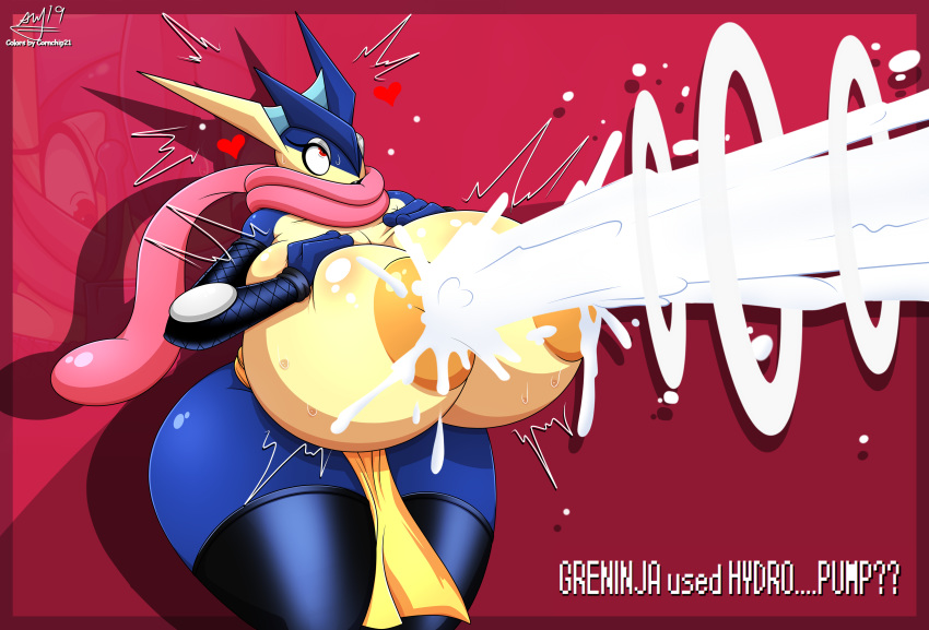 &lt;3 2019 absurd_res amphibian anthro areola big_breasts breasts cornchip21 cricket-inc digital_media_(artwork) female greninja hi_res huge_breasts hyper hyper_breasts lactating long_tongue milk nintendo nipples pok&eacute;mon pok&eacute;mon_(species) solo standing sweat thick_thighs tongue tongue_out video_games wide_hips