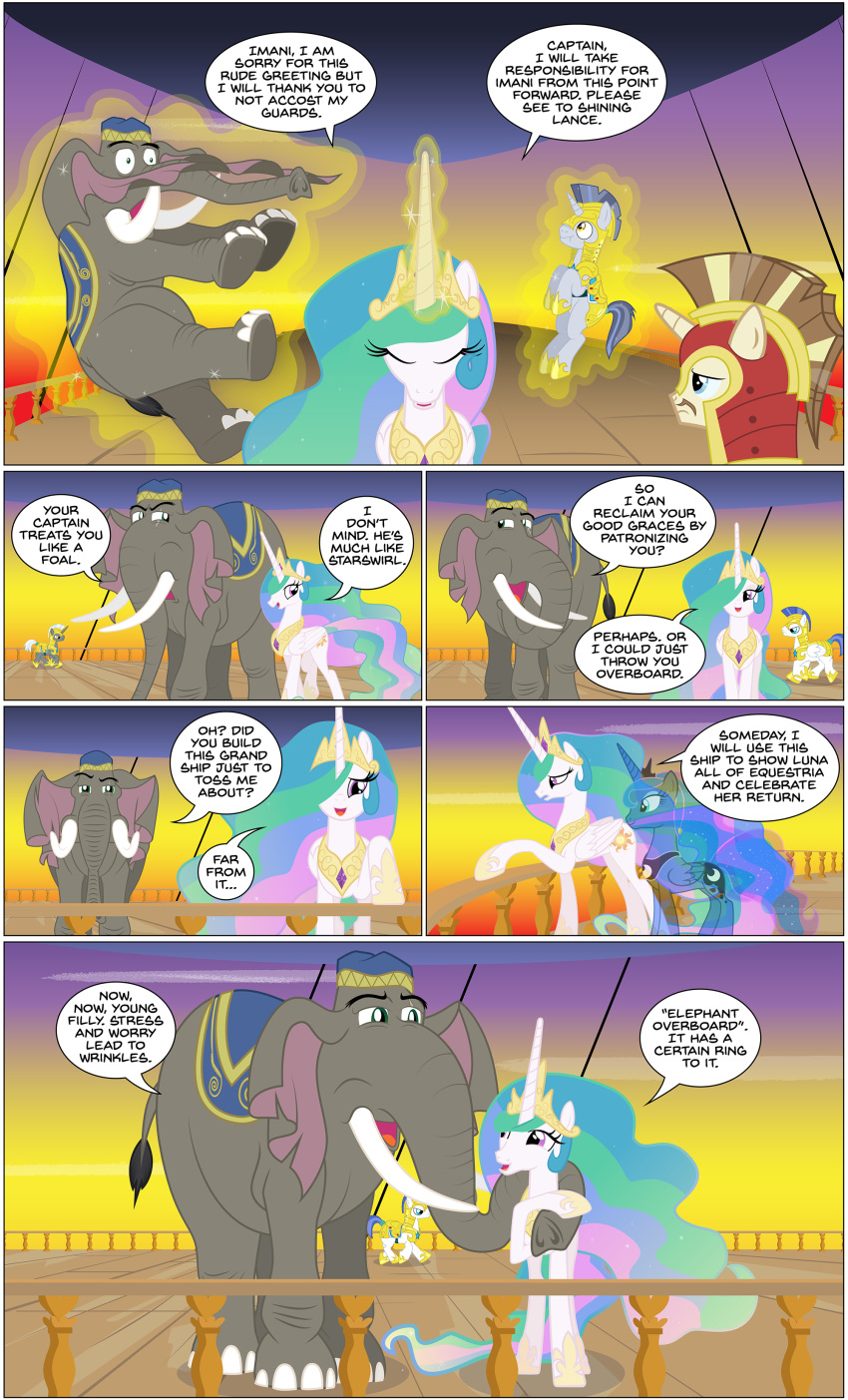 2018 2019 absurd_res aircraft airship armor clothed clothing comic elephant elephantid equid eye_scar fan_character female friendship_is_magic hi_res horn imani_(oc) male mammal mlp-silver-quill my_little_pony princess_celestia_(mlp) princess_luna_(mlp) proboscidean royal_guard_(mlp) scar strangling unicorn winged_unicorn wings