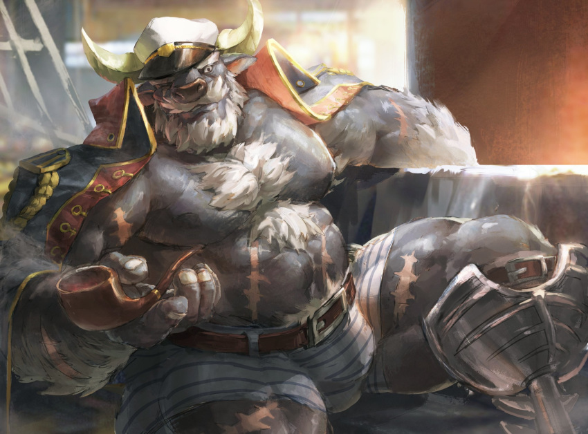 ahab amputee anthro beard belt body_hair bovid bovine bulge cape_buffalo chest_hair clothing detailed_background facial_hair fur hat hi_res lindong male mammal moobs musclegut muscular muscular_male mustache nipples one_eye_closed pecs pipe prosthetic_leg scar shorts tokyo_afterschool_summoners video_games