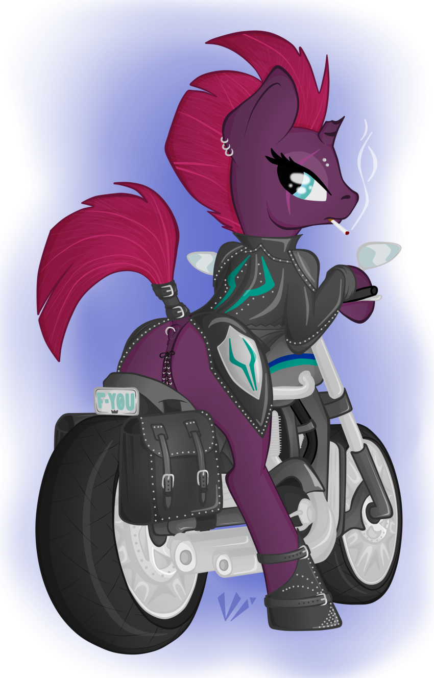 2019 absurd_res anus broken_horn butt cigarette clothed clothing dock equid female feral fizzlepop_berrytwist_(mlp) hair hi_res horn looking_at_viewer looking_back mammal motorcycle my_little_pony my_little_pony_the_movie piercing presenting pussy smoking solo tail_wraps tempest_shadow_(mlp) unicorn vehicle virenth wraps