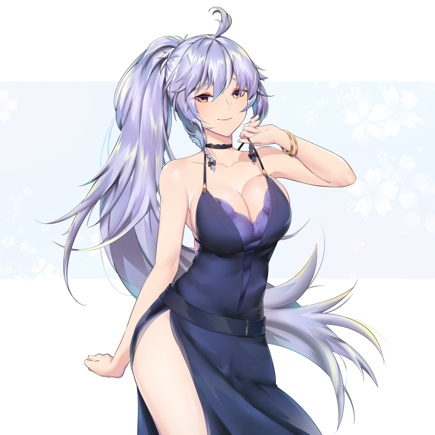 1girl ahoge blush bracelet breasts brown_eyes cleavage collarbone commentary dress english_commentary granblue_fantasy highres jewelry kaiend large_breasts long_hair looking_at_viewer ponytail purple_dress side_slit silva_(granblue_fantasy) silver_hair smile solo spaghetti_strap strap_pull thighs very_long_hair