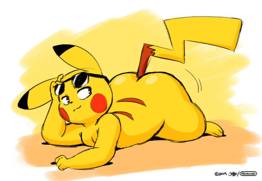 2019 3_toes big_booty_pikachu big_butt black_nose brown_eyes butt cheek_spots colored_sketch digital_media_(artwork) eyewear fur glasses grin hi_res huge_butt joaoppereiraus laid_down male nintendo pikachu pok&eacute;mon pok&eacute;mon_(species) red_cheeks simple_background sketch slightly_chubby smile solo toes video_games yellow_background yellow_fur