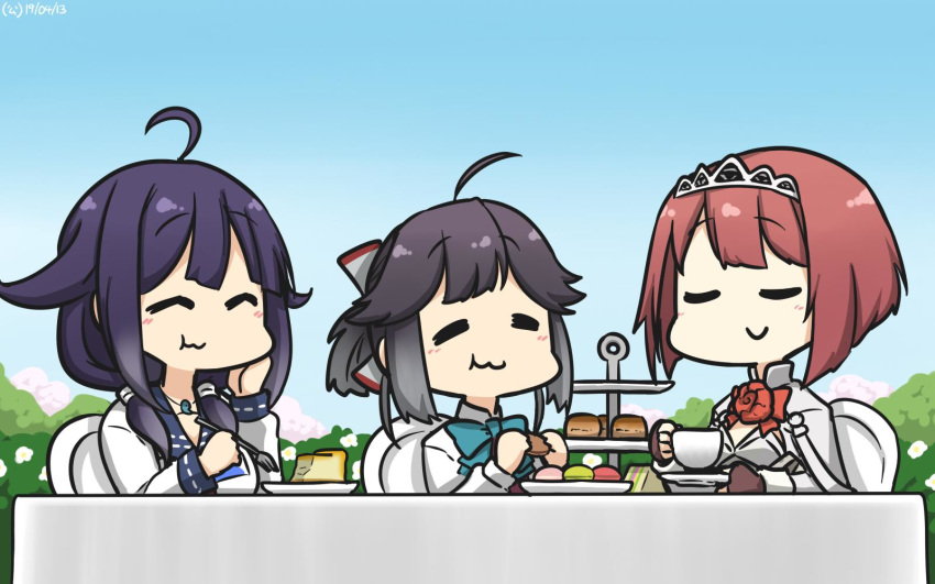 3girls ahoge ark_royal_(kantai_collection) bangs black_hair blue_sky blunt_bangs bob_cut brown_gloves cake commentary_request cup dated day dress eating eyes_closed fingerless_gloves flower food gloves gradient_sky hair_flaps hair_ribbon hairband hamu_koutarou hand_on_own_face hayanami_(kantai_collection) highres kantai_collection long_hair long_sleeves low_twintails macaron magatama multiple_girls outdoors ponytail purple_dress purple_hair red_flower red_hair red_ribbon red_rose ribbon rose saucer school_uniform serafuku shirt short_hair sidelocks sky table taigei_(kantai_collection) teacup tiara twintails white_ribbon white_shirt