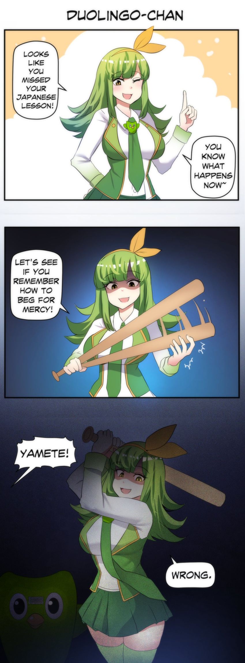 1girl 3koma absurdres arm_behind_back baseball_bat breasts collared_shirt comic dark duolingo english_text eyebrows_visible_through_hair green_hair green_neckwear green_skirt headband highres hinghoi large_breasts long_hair long_sleeves meme miniskirt necktie one_eye_closed open_mouth personification shaded_face shirt skirt stitched thighhighs third-party_edit threat weapon white_shirt yellow_eyes yellow_headband zettai_ryouiki