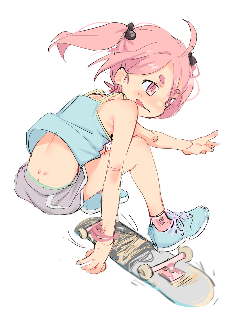 1girl :p absurdres ahoge butt_crack dimples_of_venus edisonabismo female happy_(eds) highres original pink_eyes pink_hair simple_background skateboard solo tongue tongue_out twintails white_background