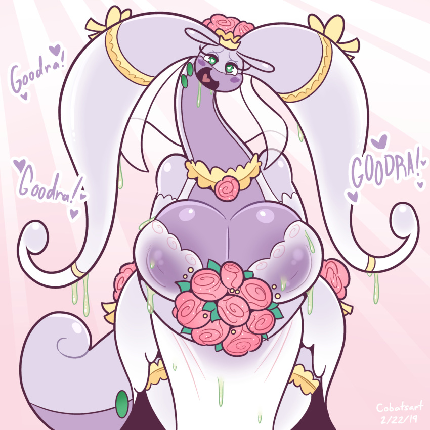 ! &lt;3 &lt;3_eyes 2019 antennae anthro areola big_breasts big_tail biped blush blush_sticker bouquet breasts bride cleavage clothed clothing cobat dialogue dragon dress english_text eyelashes female flower front_view fully_clothed goober_(cobat) goodra gooey green_eyes happy hi_res holding_object huge_breasts inverted_nipples legwear light_skin long_tail looking_at_viewer multicolored_skin nintendo nipples non-mammal_breasts noseless open_mouth open_smile pale_skin plant pok&eacute;mon pok&eacute;mon_(species) purple_areola purple_nipples purple_skin scalie sheer_clothing signature simple_background slime smile solo tendrils text thick_thighs thigh_highs translucent transparent_clothing two_tone_skin video_games voluptuous wedding_dress wet wet_clothing white_clothing white_pupils wide_hips