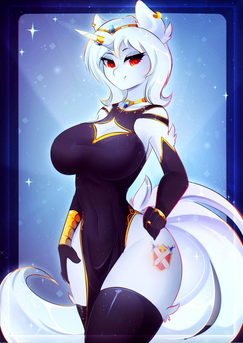 2019 5_fingers anthro breasts cutie_mark digital_media_(artwork) equid eyelashes fan_character female hair horn koveliana mammal my_little_pony red_eyes smile solo ultima_(oc) unicorn white_hair wide_hips