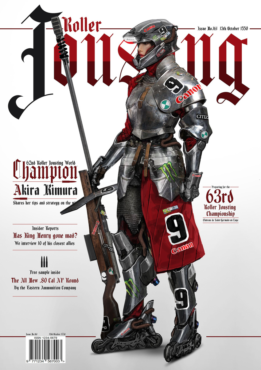 1girl akira anti-materiel_rifle black_hair breastplate breasts canon_(company) chainmail character_name commentary concept_art cover english_commentary english_text fantasy faulds full_body gauntlets gun helmet highres inline_skates johnson_ting jousting knight lips lipstick long_skirt magazine_cover makeup medieval mole mole_under_eye monster_energy motocross nose original realistic rifle roller_skates single_spaulder skates skirt sniper_rifle solo sponsor urban_fantasy weapon