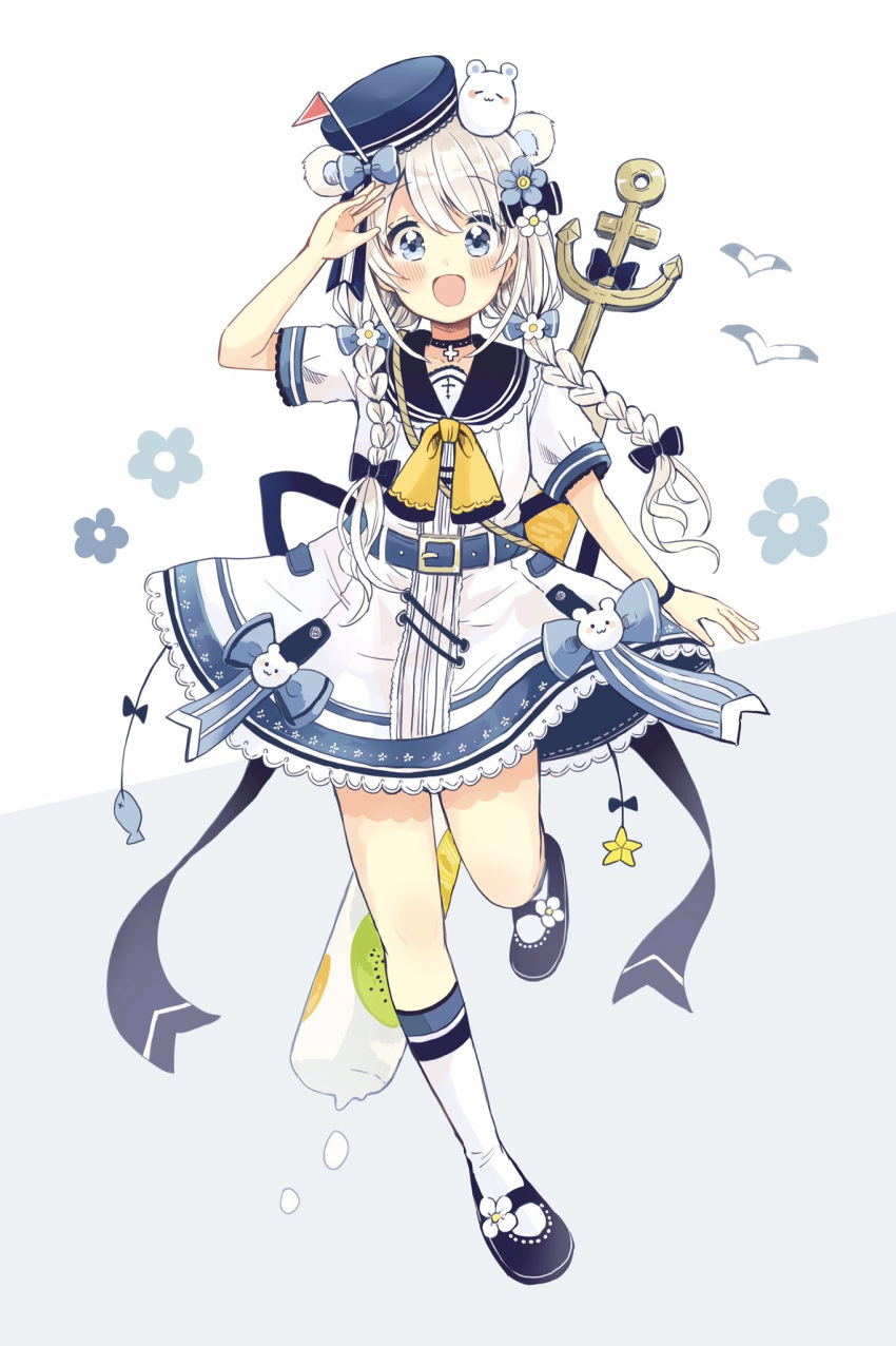 1girl :d anchor animal animal_ears animal_on_head bangs bear_ears belt belt_buckle black_bow black_footwear black_sailor_collar blue_belt blue_eyes blue_flower blue_headwear blush bow braid buckle choker commentary_request cross_choker dress eyebrows_visible_through_hair flag floral_background flower food fruit full_body grey_background hair_between_eyes hair_bow hair_flower hair_ornament highres ice_cream kneehighs long_hair low_twintails on_head open_mouth original pennant sailor_collar sailor_dress sakura_oriko shoes short_sleeves silver_hair smile solo standing standing_on_one_leg star tilted_headwear twin_braids twintails two-tone_background very_long_hair white_background white_dress white_flower white_legwear yellow_neckwear