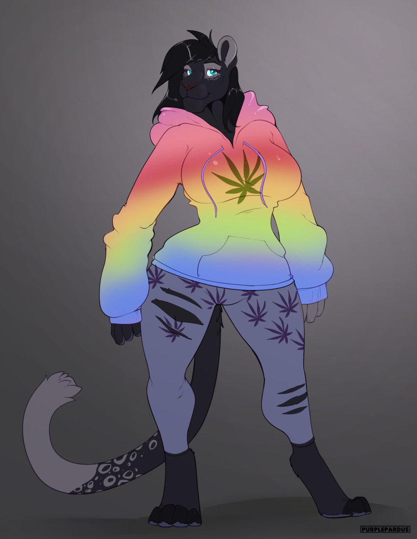 anthro black_fur clothed clothing curvaceous digitigrade drugs felid feline female fur hi_res looking_at_viewer mammal marijuana pot_leaf purplepardus rainbow simple_background smile solo standing torn_clothing wide_hips