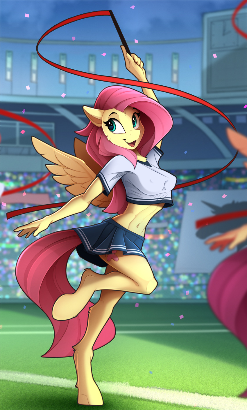 2019 5_fingers anthro breasts clothed clothing cutie_mark detailed_background digital_media_(artwork) equid equine feathered_wings feathers female fluttershy_(mlp) friendship_is_magic fur hair hi_res mammal midriff miniskirt my_little_pony navel nipple_outline pink_hair pterippus skirt smile standing wings yakovlev-vad yellow_feathers yellow_fur