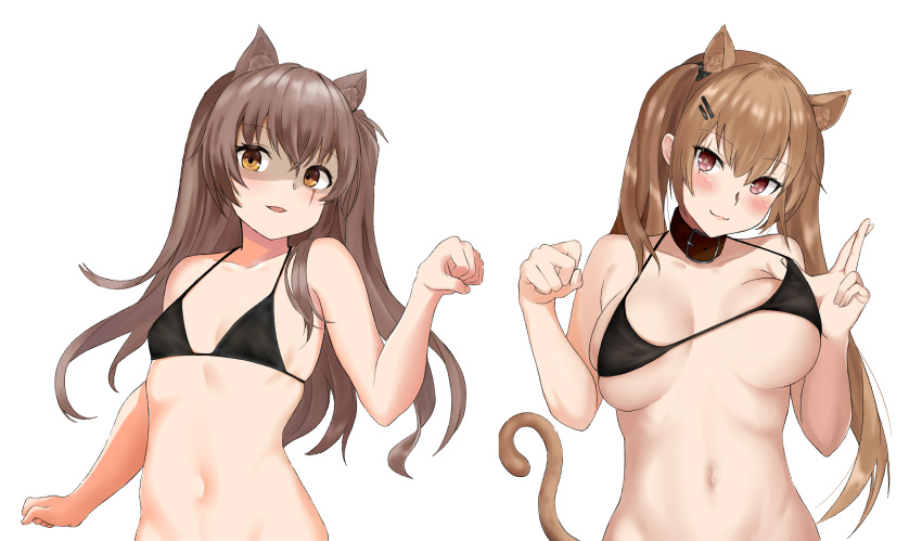 2girls :3 absurdres animal_ears bangs bare_arms bare_shoulders bikini_top black_bikini_top blush boxreeema breasts brown_hair buckle cat_ears cat_girl cat_tail collar collarbone eyebrows_visible_through_hair girls_frontline hair_ornament hairclip head_tilt highres kemonomimi_mode large_breasts lifted_by_self long_hair multiple_girls navel parted_lips paw_pose scar scar_across_eye shaded_face simple_background skindentation small_breasts smile stomach strap_lift string_bikini tail twintails ump45_(girls_frontline) ump9_(girls_frontline) unaligned_breasts underboob upper_body white_background yellow_eyes