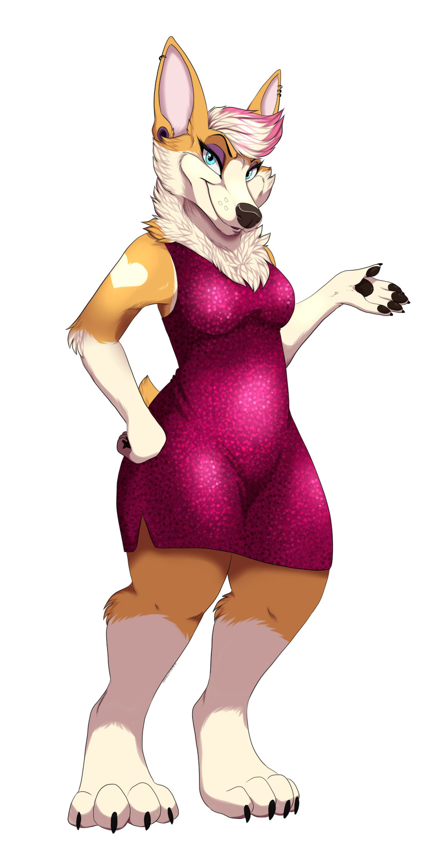 &lt;3 2018 4_toes 5_fingers absurd_res anthro black_nose blue_eyes breasts canid canine canis cinnamon_(yoko_darkpaw) clothed clothing domestic_dog dress eyeshadow female fur hair herding_dog hi_res looking_at_viewer makeup mammal markings multicolored_fur multicolored_hair piercing pink_hair smile snout solo standing tan_fur toes two_tone_fur two_tone_hair welsh_corgi wide_hips yoko_darkpaw