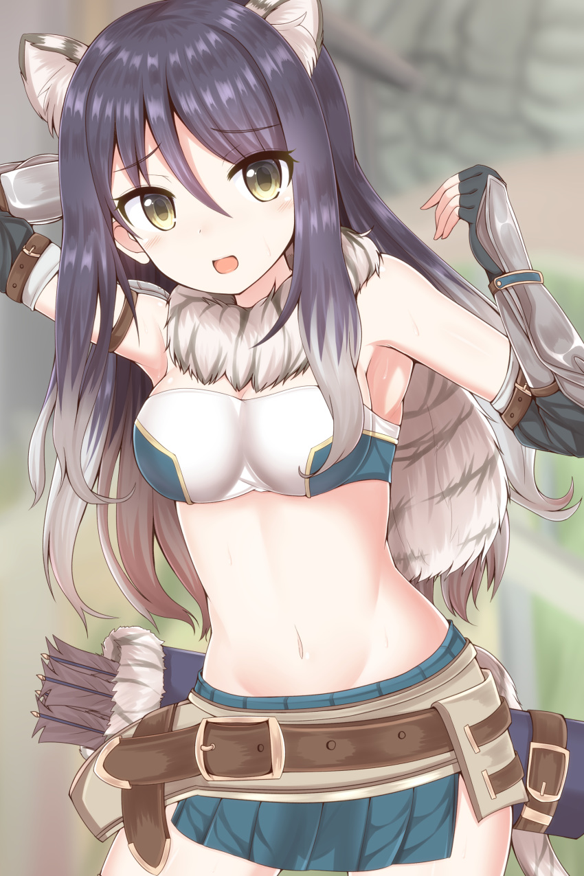 1girl :o absurdres animal_ear_fluff animal_ears arm_up armpits arrow bandeau bangs bare_shoulders belt black_gloves black_hair blurry blurry_background blush breasts cleavage commentary_request cowboy_shot depth_of_field fingerless_gloves fur_collar gauntlets gloves green_skirt groin hair_between_eyes hand_up highres kashiwazaki_shiori long_hair looking_at_viewer masa_masa medium_breasts midriff multicolored_hair navel open_mouth pleated_skirt princess_connect! princess_connect!_re:dive quiver shoulder_armor side_slit skirt solo standing stomach sweat tail two-tone_hair white_hair yellow_eyes