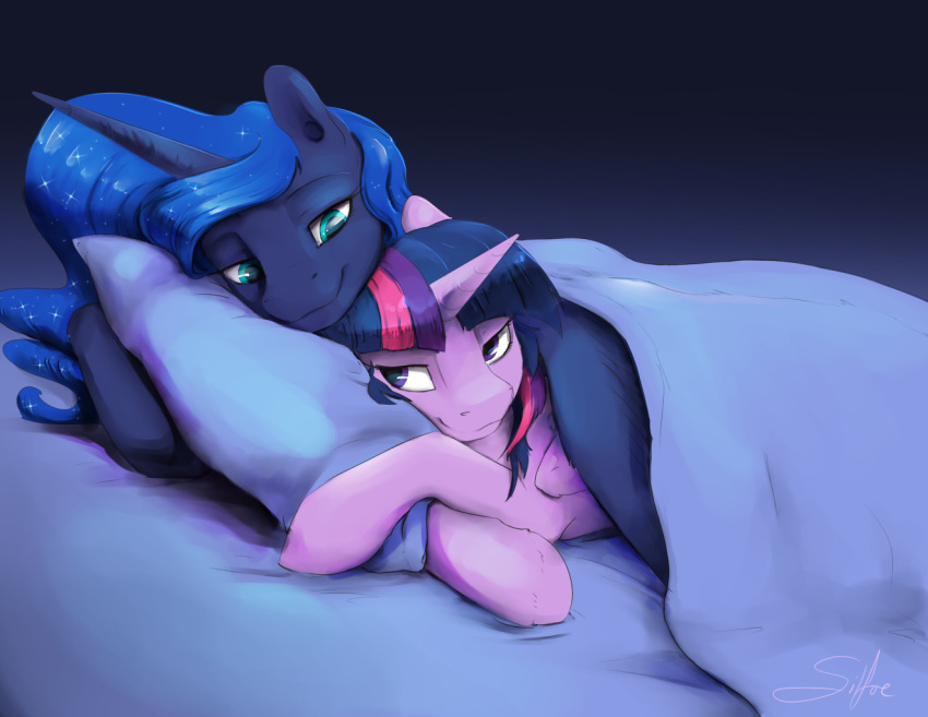 bed blue_eyes duo equid female friendship_is_magic horn lying mammal my_little_pony princess_luna_(mlp) purple_eyes romantic_couple silfoe twilight_sparkle_(mlp) unicorn