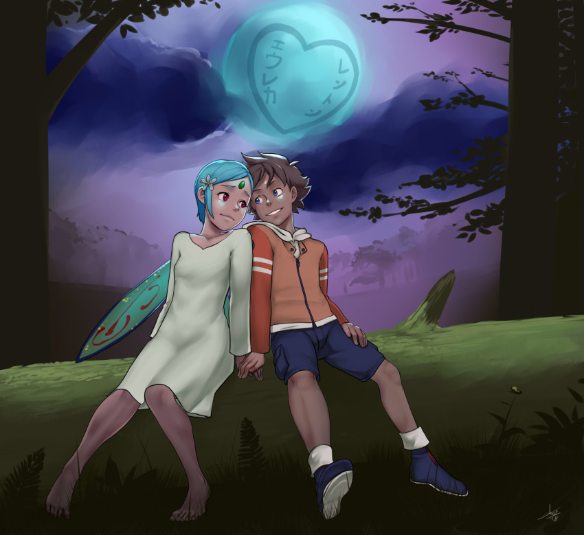 1boy 1girl aogami aqua_hair blue_eyes brown_hair dark dress eureka eureka_seven eureka_seven_(series) eye_contact fairy_wings feet forehead_jewel forest grass hair_ornament hand_holding happy highres jacket long_sleeves looking_at_another male_focus moon nature night outdoors pink_eyes renton_thurston shoes shorts sitting smile tree white_dress wings