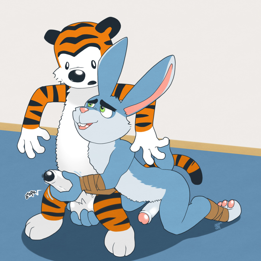 2019 3_toes 4_fingers anthro anthro_on_anthro argon_vile ball_fondling balls blue_fur buckteeth bunnymund calvin_and_hobbes duo erection eye_contact felid fondling front_view fur green_eyes handjob hi_res hobbes humanoid_penis inside kneeling lagomorph leporid looking_at_another male male/male mammal motion_lines nude open_mouth orange_fur pantherine penis rabbit sex signature sound_effects standing teeth tiger toes uncut