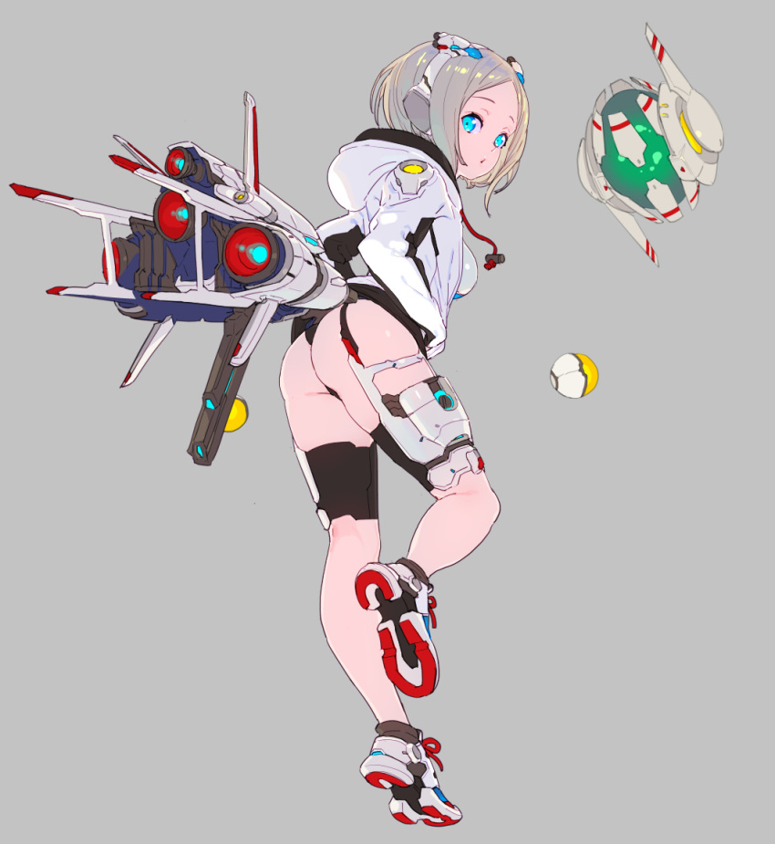 1girl aqua_eyes ass back bangs blonde_hair breasts full_body grey_background headphones hood hooded_jacket jacket looking_at_viewer looking_back medium_breasts nagisa_kurousagi parted_bangs r-type short_hair simple_background solo standing