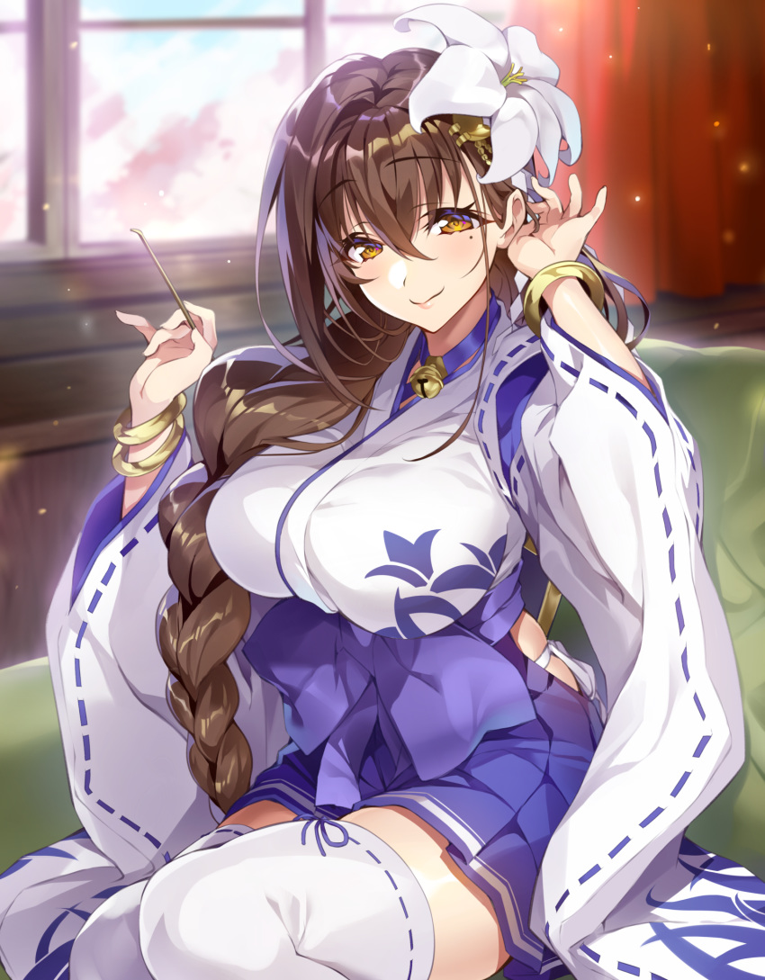 1girl bangs bell blue_ribbon blue_skirt blush bracelet braid breasts brown_eyes brown_hair closed_mouth commentary_request couch curtains day eyebrows_visible_through_hair flower gan_(shanimuni) hair_between_eyes hair_flower hair_ornament hair_over_shoulder hakama_skirt highres hip_vent holding indoors jewelry jingle_bell kanpani_girls large_breasts lily_(flower) lips long_hair long_sleeves looking_at_viewer mimikaki mole mole_under_eye object_namesake panties ribbon ribbon-trimmed_legwear ribbon-trimmed_sleeves ribbon_trim shirayuri_sakura side-tie_panties single_braid sitting skirt smile solo thighhighs underwear very_long_hair white_flower white_legwear white_panties window zettai_ryouiki