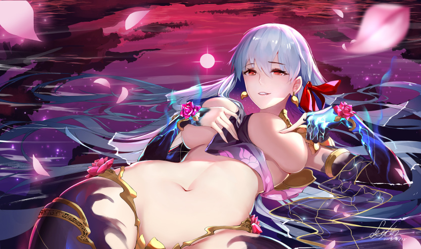 1girl absurdres albino bow breast_press breasts breasts_outside cowboy_shot dated earrings fate/grand_order fate_(series) flower hair_bow highres jewelry kama_(fate/grand_order) large_breasts long_hair looking_at_viewer lying navel on_back petals pink_background red_bow red_eyes revealing_clothes signature smile solo white_hair yun_lin