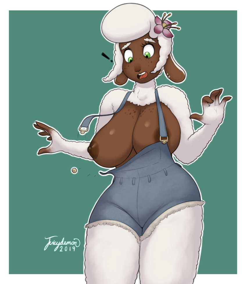 2018 anthro big_breasts bovid breasts brown_skin caprine clothing dark_skin digital_media_(artwork) domestic_sheep eyebrows eyelashes female flower freckles fur green_eyes hair hi_res holly_(character) juicydemon mammal nipples overalls plant pompadour sheep signature simple_background solo standing wardrobe_malfunction white_eyebrows white_fur white_hair wide_hips wool