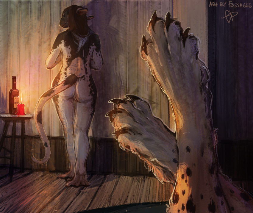 alcohol anthro beverage bottle butt candle claws disembodied_feet ears_back english_text female fire fossa666 fur hair inside long_hair looking_back mammal rat rodent shadow smile spots spotted_fur standing text toe_claws wine wood_floor