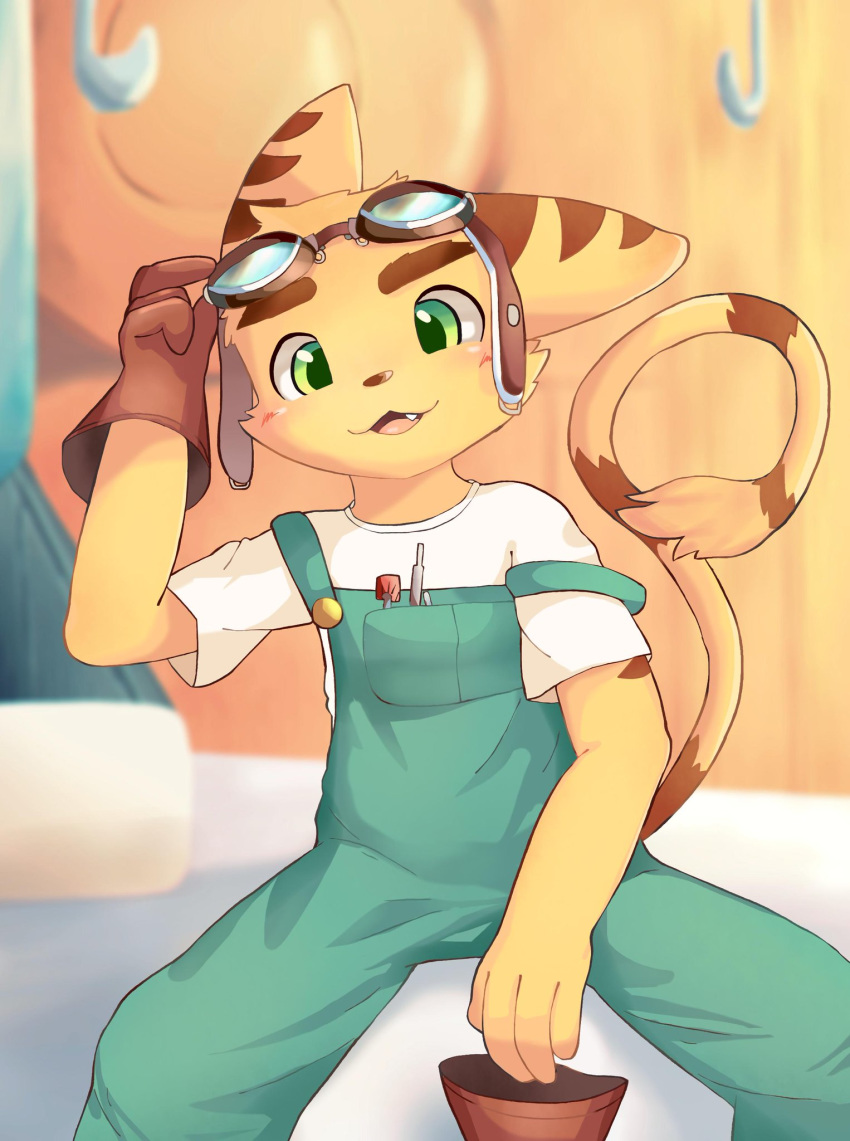 anthro cheese_a clothing cute_fangs eyewear gloves goggles green_eyes lombax looking_at_viewer male mammal open_mouth overalls raised_tail ratchet ratchet_and_clank shirt sitting solo video_games young