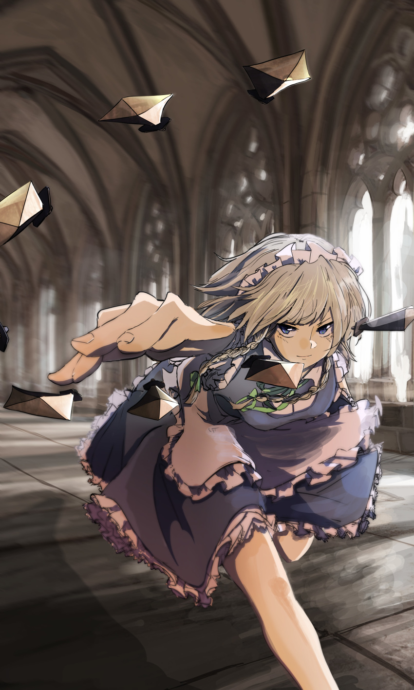 1girl absurdres aiming_at_viewer aki_tsui apron architecture bending_forward blue_eyes blue_skirt blue_vest braid commentary_request feet_out_of_frame flying_buttress folded_leg foreshortening gothic_architecture highres indoors izayoi_sakuya knife light_rays looking_at_viewer maid_headdress outstretched_arm petticoat running silver_hair sketch skirt smile solo stone_floor stone_wall sunbeam sunlight throwing_knife touhou twin_braids vaulted_ceiling vest waist_apron wall weapon window