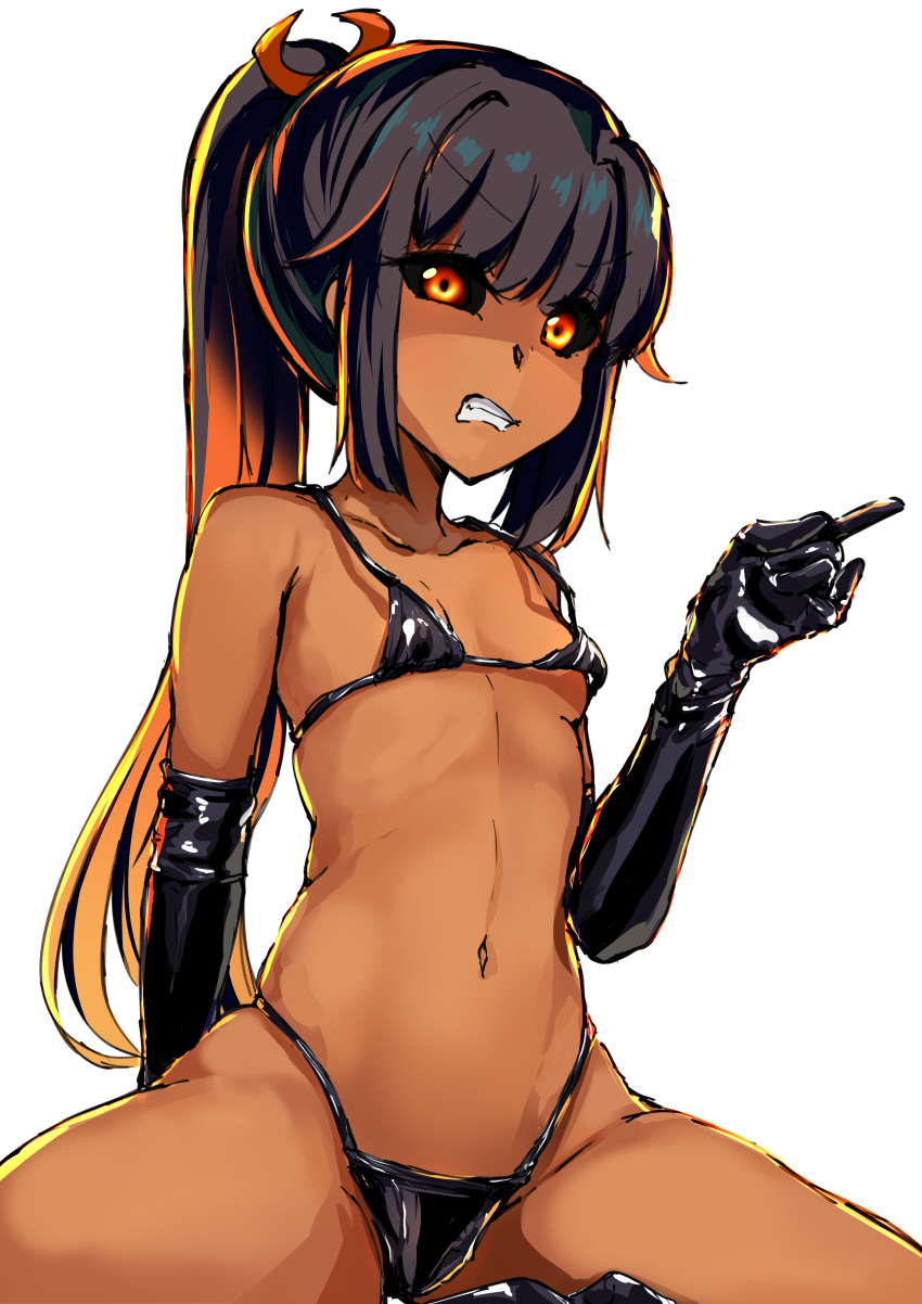 1girl absurdres bangs black_bra black_gloves black_hair black_panties black_sclera bra clenched_teeth collarbone dark_skin elbow_gloves eyebrows_visible_through_hair gloves highres long_hair looking_at_viewer m87_black_hole multicolored_hair nakatokung navel orange_eyes orange_hair original panties parted_lips personification simple_background solo teeth two-tone_hair underwear white_background