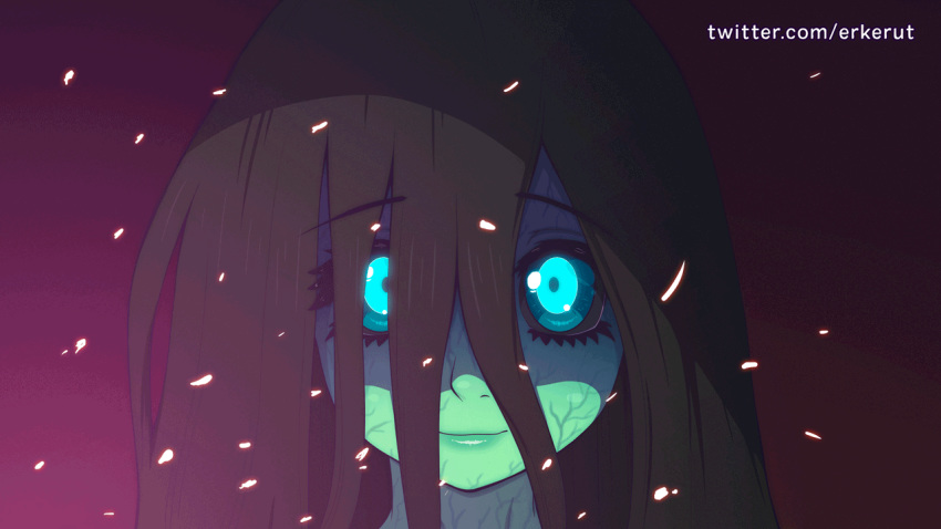 16:9_aspect_ratio black_hair blue_eyes close-up dark_background erkerut ghost glowing glowing_eyes green_skin light_smile lips long_hair sparks veins