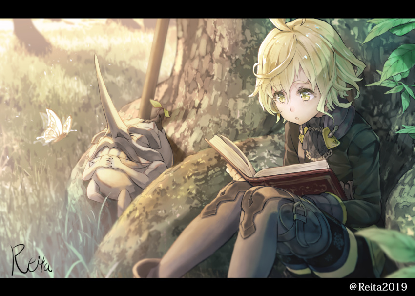 1girl :o ahoge animal bangs black_jacket black_shorts blonde_hair book brown_legwear bug butterfly character_request commentary_request day eyebrows_visible_through_hair grass hair_between_eyes highres hoshizaki_reita insect jacket long_sleeves looking_away looking_down open_book outdoors pantyhose parted_lips reading short_shorts shorts signature sinoalice sitting solo tree twitter_username yellow_eyes