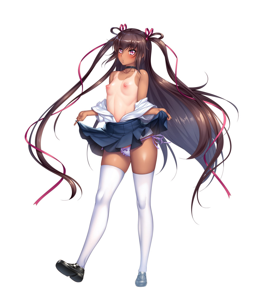 00s aoi_nagisa_(metalder) blush breasts brown_hair dark_skin full_body game_cg hair_ribbon highres lilith-soft long_hair mizuki_yukikaze nipples official_art pink_eyes ribbon school_uniform small_breasts solo taimanin_(series) taimanin_asagi taimanin_rpgx taimanin_yukikaze taimanin_yukikaze_2 tan tanline thighhighs