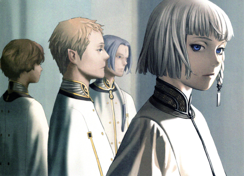 absurdres asymmetrical_hair bangs blue_eyes blunt_bangs braid closed_mouth dio_eraclea grey_hair highres last_exile looking_at_viewer looking_away lucciola murata_renji pointy_ears short_hair