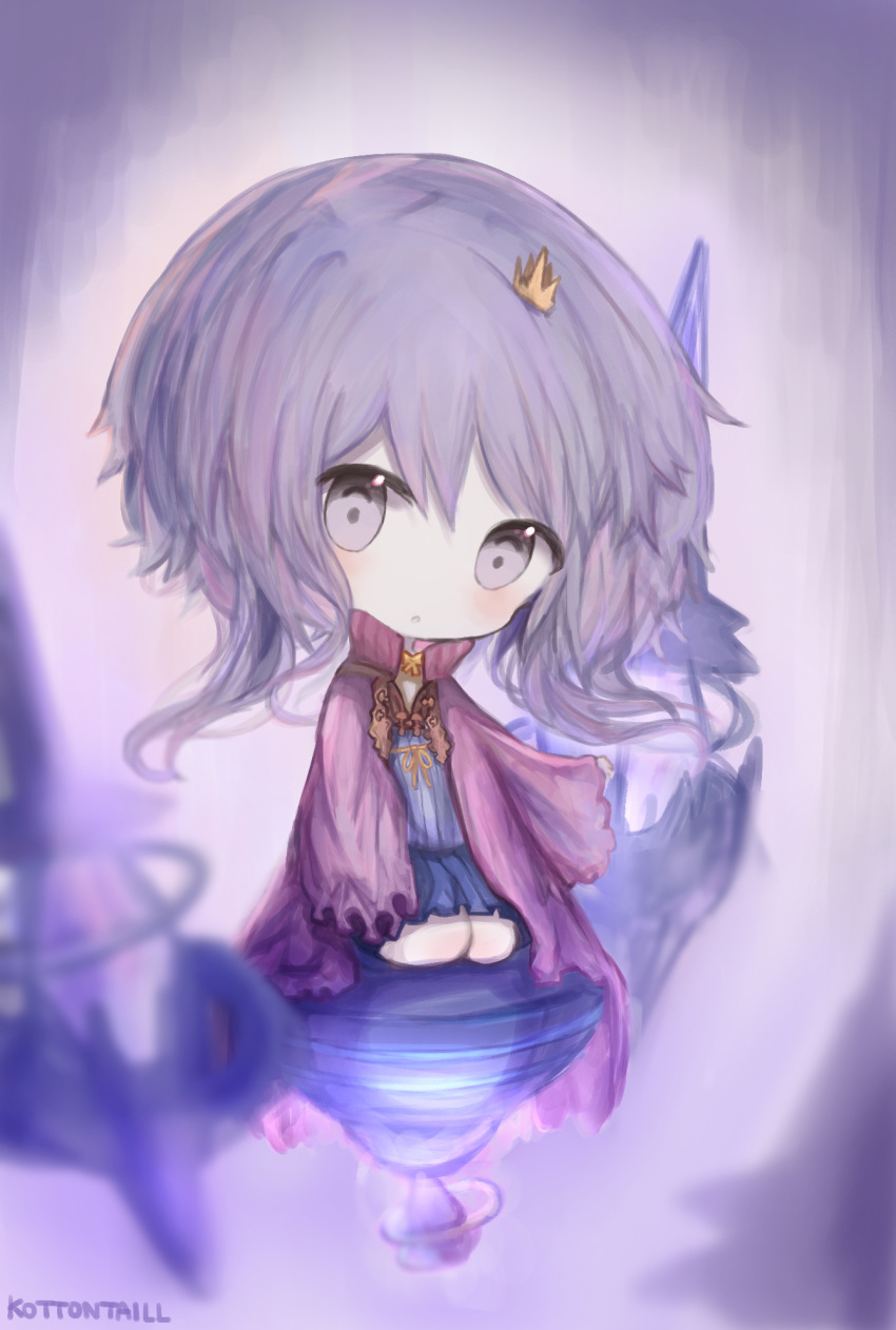 1girl :o artist_name bangs blue_dress blurry blurry_foreground blush chibi commentary_request cottontailtokki crown depth_of_field dress eyebrows_visible_through_hair hair_between_eyes head_tilt highres long_hair long_sleeves looking_at_viewer mini_crown open_clothes open_robe parted_lips pleated_dress purple_eyes purple_hair purple_robe robe seiza shadowverse shingeki_no_bahamut signature sitting sleeves_past_fingers sleeves_past_wrists solo spinaria_(shingeki_no_bahamut) tilted_headwear very_long_hair wide_sleeves