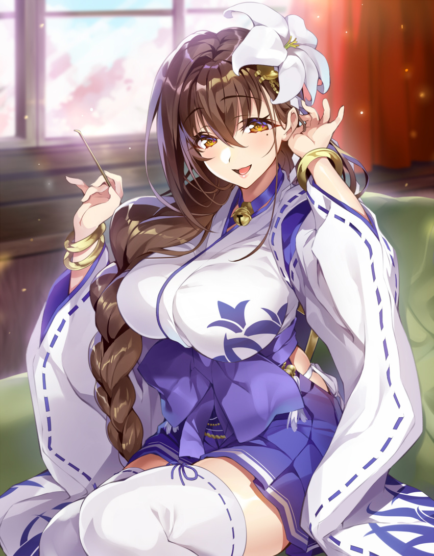 1girl bangs bell blue_ribbon blue_skirt blush bracelet braid breasts brown_eyes brown_hair commentary_request couch curtains day eyebrows_visible_through_hair flower gan_(shanimuni) hair_between_eyes hair_flower hair_ornament hair_over_shoulder hakama_skirt highres hip_vent holding indoors japanese_clothes jewelry jingle_bell kanpani_girls large_breasts lily_(flower) lips long_hair long_sleeves looking_at_viewer mimikaki mole mole_under_eye open_mouth panties ribbon ribbon-trimmed_legwear ribbon-trimmed_sleeves ribbon_trim shiny shiny_hair shirayuri_sakura side-tie_panties single_braid sitting skirt smile solo thighhighs underwear very_long_hair white_flower white_legwear white_panties wide_sleeves window zettai_ryouiki