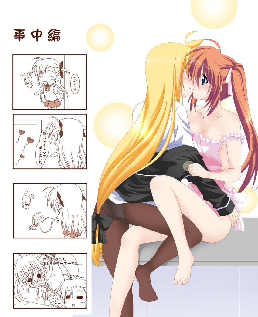 4girls apron black_panties blonde_hair blue_eyes blush breasts brown_hair comic couple einhart_stratos embarrassed fate_testarossa highres imagining inu0831 looking_at_another lyrical_nanoha mahou_shoujo_lyrical_nanoha_strikers mahou_shoujo_lyrical_nanoha_vivid military military_uniform multiple_girls panties panties_under_pantyhose pantyhose sacred_heart takamachi_nanoha tsab_executive_military_uniform underwear uniform vivio yuri