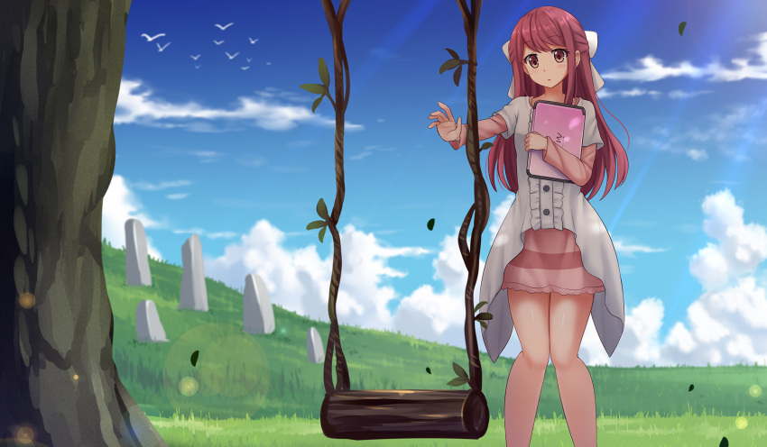 1girl blue_sky blush bow brown_eyes center_frills cloud commentary commission day dress english_commentary feet_out_of_frame frills grass hair_bow highres kazenokaze long_hair long_sleeves outdoors outstretched_arm parted_lips pink_skirt red_eyes rin_(shelter) shelter_(music_video) short_over_long_sleeves short_sleeves skirt sky solo standing swing tree very_long_hair white_bow white_dress