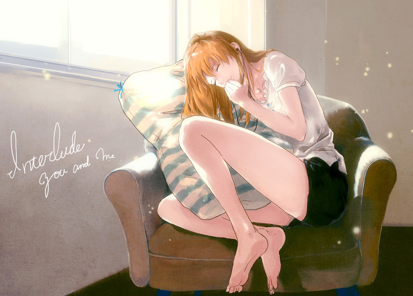 barefoot between_thighs blouse brown_hair chair closed_eyes cushion earphones easy_chair hand_to_own_mouth indoors legs long_hair neon_genesis_evangelion niko_(silent.whitesnow) shikinami_asuka_langley shorts sitting smile solo souryuu_asuka_langley window