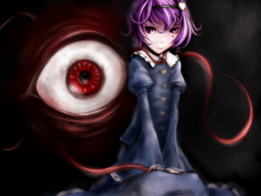 bloodshot_eyes curly_hair eyeball facepaint facial_mark goichi hairband heart komeiji_satori purple_eyes purple_hair red_eyes short_hair smile solo third_eye touhou