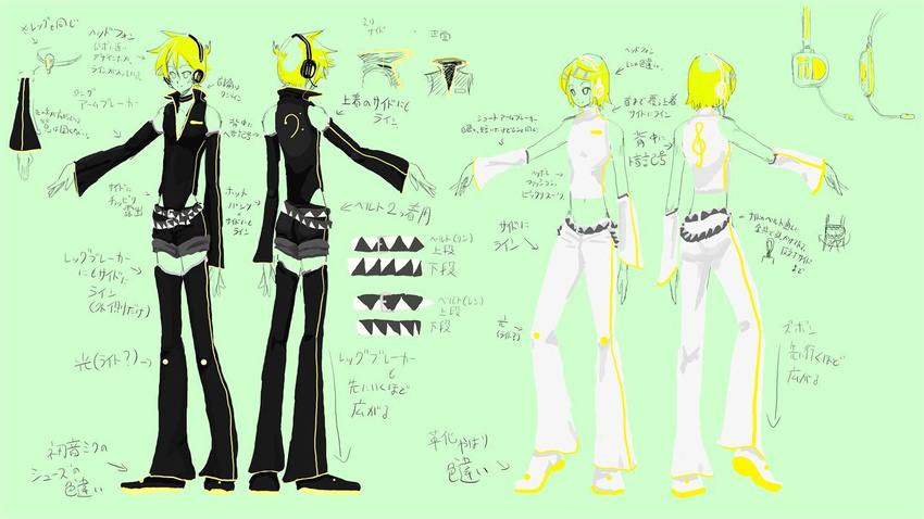 1girl belt brother_and_sister choker concept_art detached_pants detached_sleeves headphones kagamine_len kagamine_rin pants project_diva_(series) project_diva_2nd punkish_(module) shorts siblings thighhighs twins v-neck vocaloid