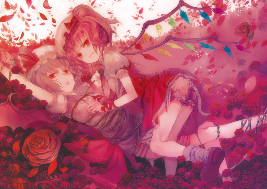 bat_wings bdsm bloomers bondage bound flandre_scarlet flower hat incest leiror multiple_girls red_eyes remilia_scarlet rose short_hair siblings side_ponytail touhou underwear wings yuri