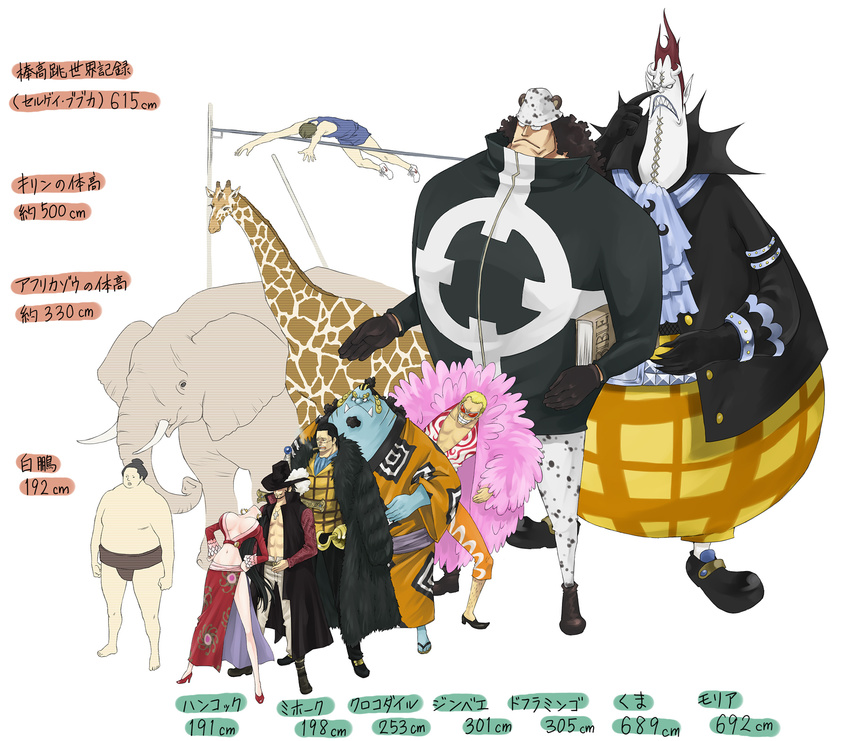 6+boys amazon bartholomew_kuma bible blue_skin boa_hancock book cocotri cross donquixote_doflamingo dracule_mihawk earrings elephant fishman gecko_moria giraffe height_chart highres hook_hand jewelry jimbei multiple_boys one_piece partially_translated pendant pole_vault scar shichibukai simple_background sir_crocodile sumo sunglasses translation_request white_skin