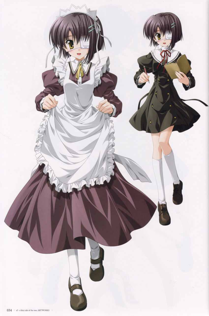 absurdres alternate_costume apron apron_lift blush book dress ef enmaided eyepatch hair_ornament hairclip highres kneehighs maid maid_headdress mary_janes nanao_naru pencil purple_hair ribbon school_uniform shindou_chihiro shoes socks yellow_eyes