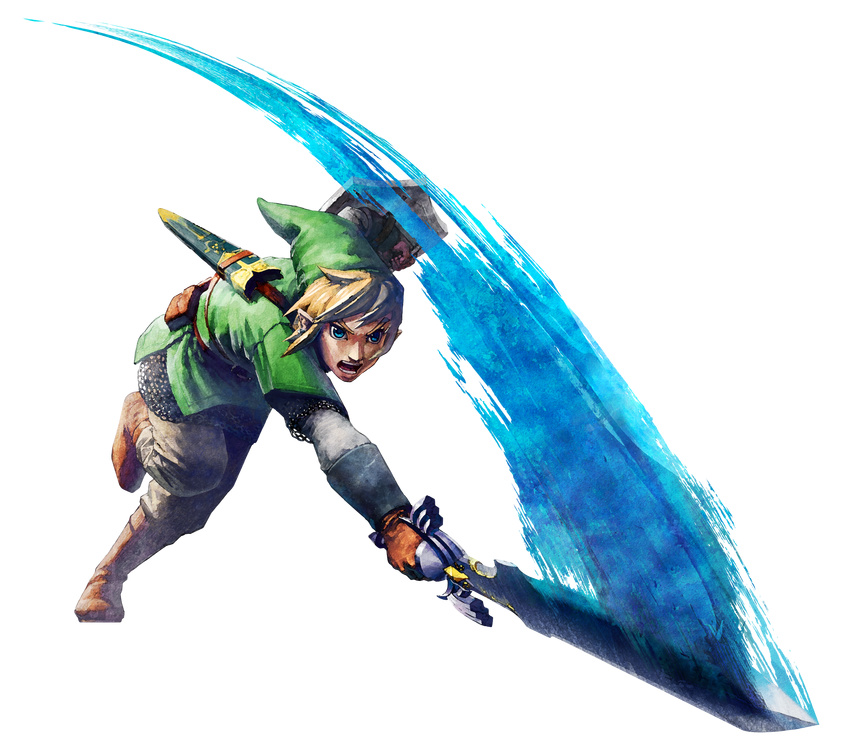 absurdres artist_request attack blonde_hair blue_eyes chainmail faux_traditional_media green hat highres link male_focus master_sword official_art sheath shield solo sword the_legend_of_zelda the_legend_of_zelda:_skyward_sword tunic weapon