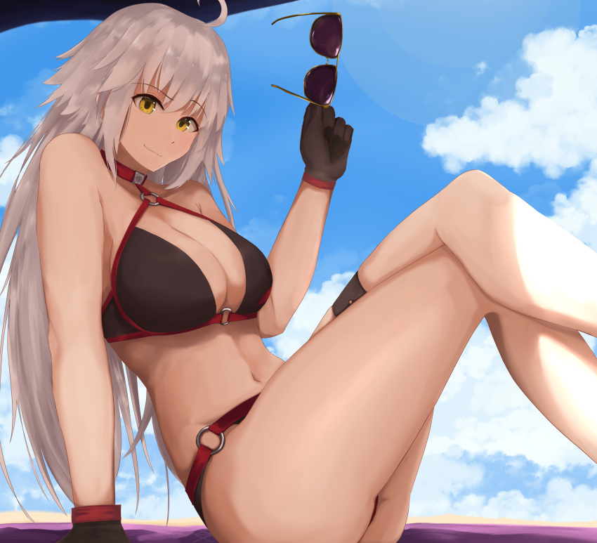 1girl absurdres ahoge bikini black_bikini black_gloves breasts cleavage eko.art fate/grand_order fate_(series) gloves highres holding holding_eyewear jeanne_d'arc_(alter_swimsuit_berserker) jeanne_d'arc_(fate)_(all) large_breasts legs_crossed long_hair looking_at_viewer navel o-ring o-ring_bikini o-ring_bottom o-ring_top silver_hair sitting smile solo sunglasses swimsuit thigh_strap yellow_eyes