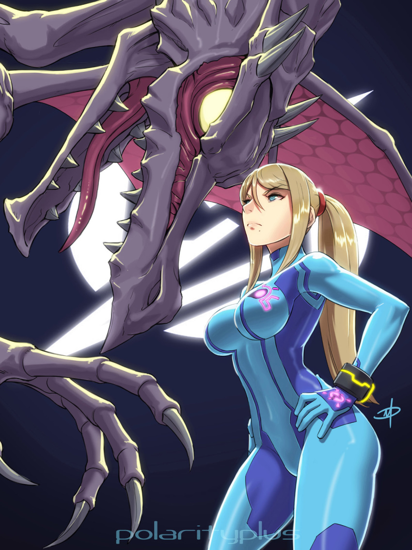 2018 alien blonde_hair bodysuit breasts clothing dragon duo eye_contact female hair hi_res human looking_at_another male mammal metroid nintendo open_mouth polarityplus ridley samus_aran scalie sharp_teeth signature size_difference skinsuit teeth tight_clothing tongue video_games wings