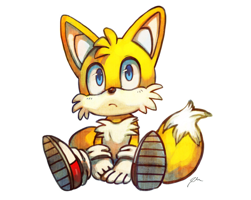 2013 anthro black_nose blue_eyes bluekomadori canid canine clothing dipstick_tail footwear fox fur gloves hi_res male mammal miles_prower multicolored_tail simple_background sitting solo sonic_(series) video_games white_fur yellow_fur